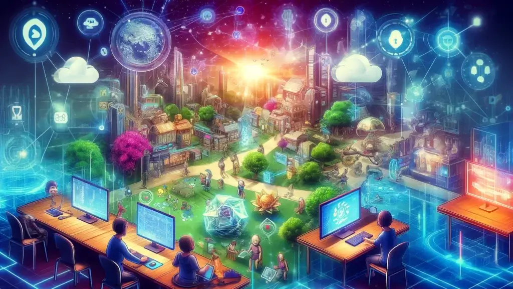A vibrant digital landscape depicting a futuristic decentralized gaming environment where developers and gamers collaborate seamlessly. The scene includes elements of blockchain technology and smart contracts, highlighting the decentralized aspect of the ecosystem. Diverse characters work together on various screens and digital interfaces, emphasizing a community-driven atmosphere.